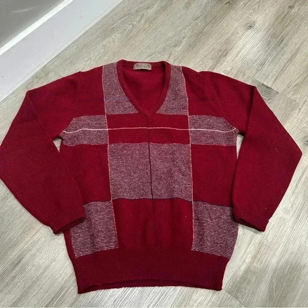 Vintage Red Lambswool V Neck Mens Sweater by Thane Size M